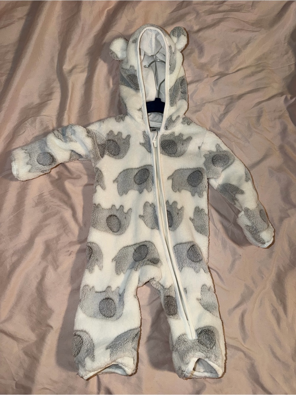 Baby Fleece Elephant Hooded One-Piece in Grey & White